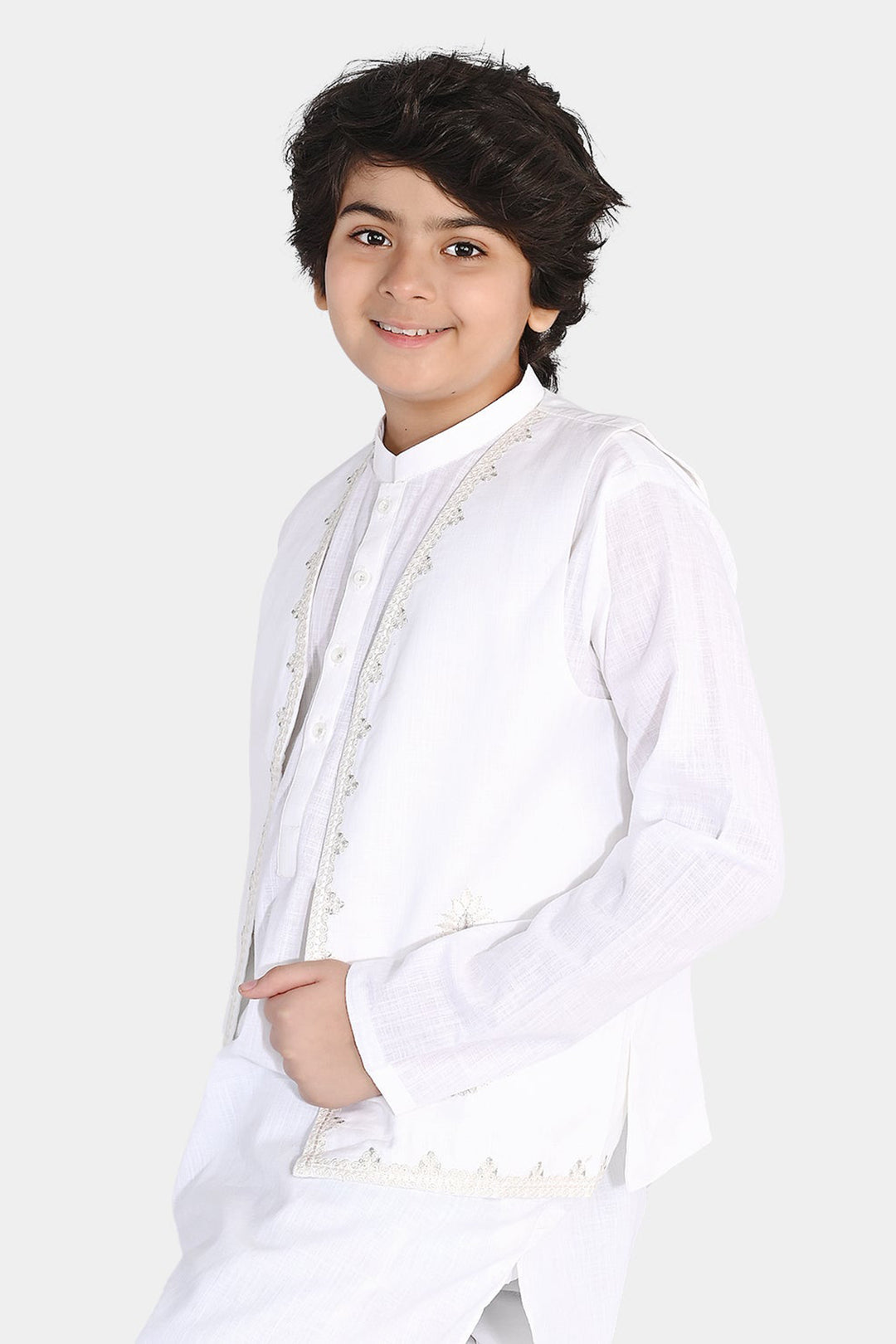 Boys Cotton Slub 3Piece Suit (Front Open) -WHITE