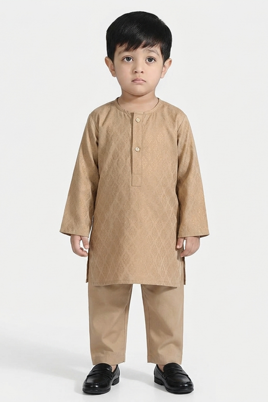 Infant Boys Jacquard Kurta Pajama (Khas) - Beige