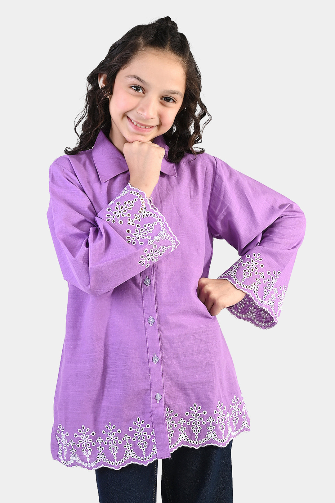 Girls Cotton Slub Top (Berry Embroidery) - Lavender
