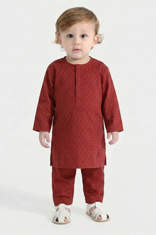 Infant Boys Cotton Jacquard Kurta Pajama (Chin Boti) - Red