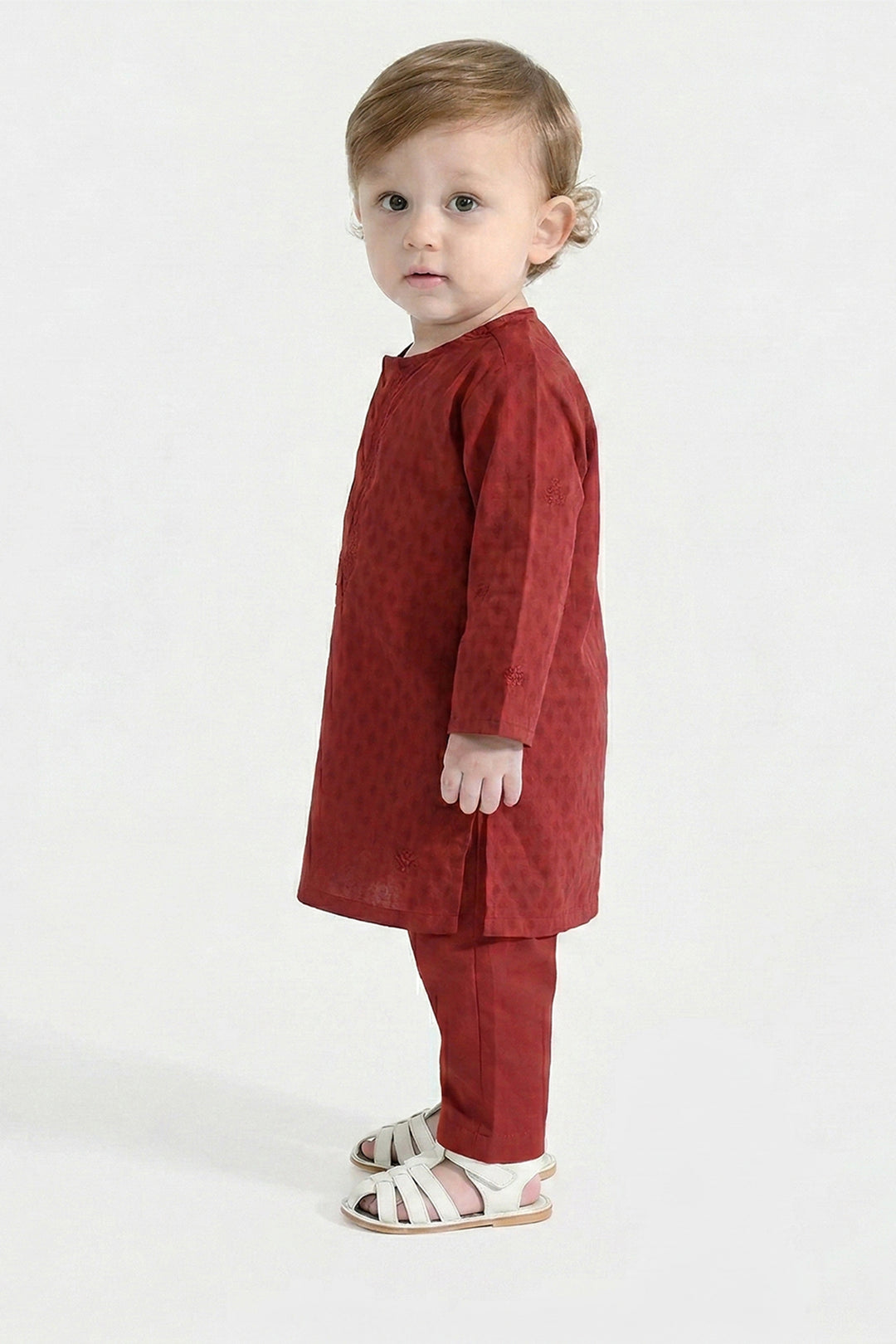 Infant Boys Cotton Jacquard Kurta Pajama (Chin Boti) - Red