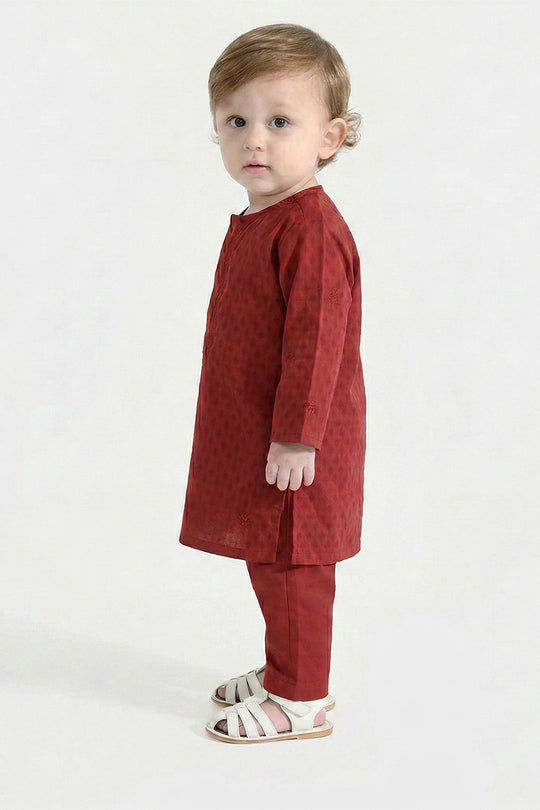 Infant Boys Cotton Jacquard Kurta Pajama (Chin Boti) - Red