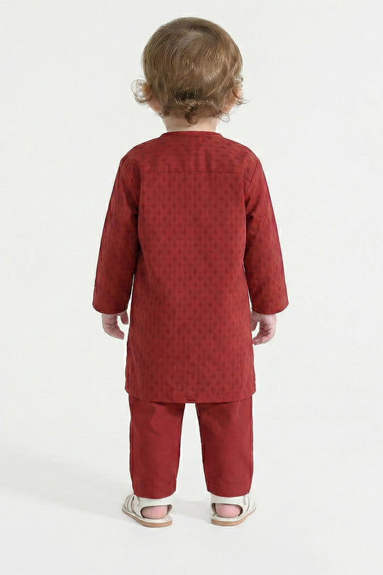 Infant Boys Cotton Jacquard Kurta Pajama (Chin Boti) - Red