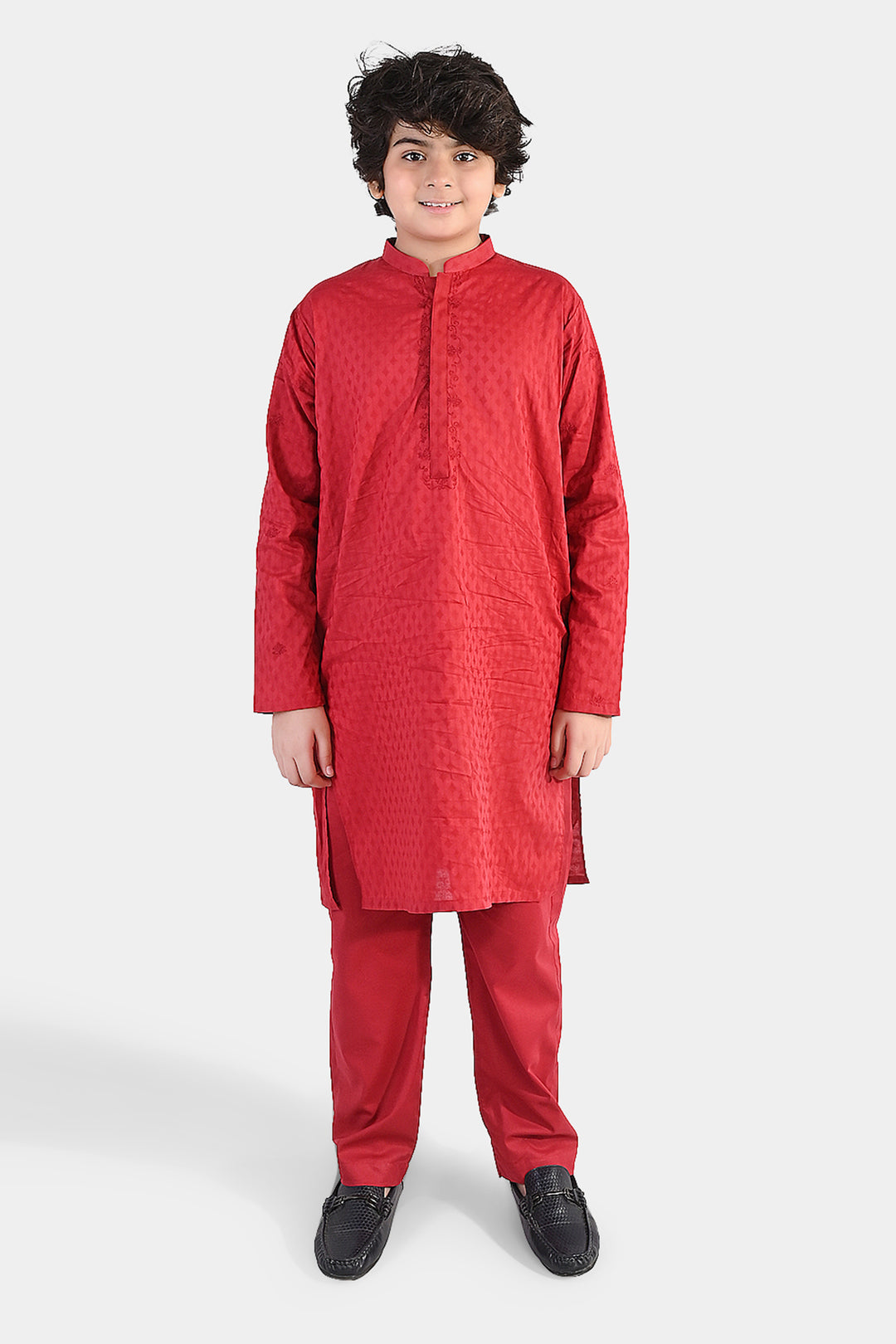 Boys Cotton Jacquard Kurta Pajama (Chin Boti) - Red