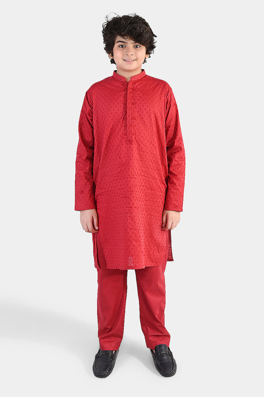 Boys Cotton Jacquard Kurta Pajama (Chin Boti) - Red