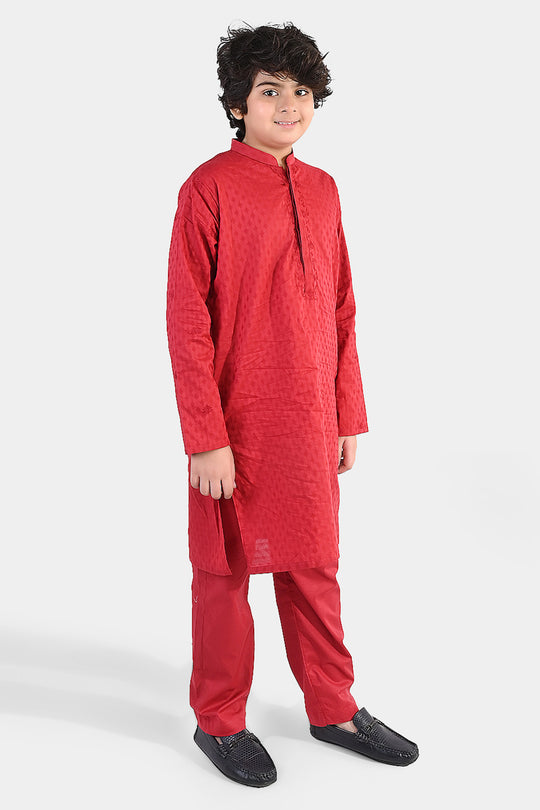Boys Cotton Jacquard Kurta Pajama (Chin Boti) - Red