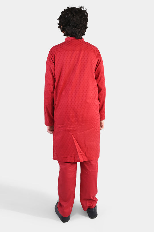 Boys Cotton Jacquard Kurta Pajama (Chin Boti) - Red