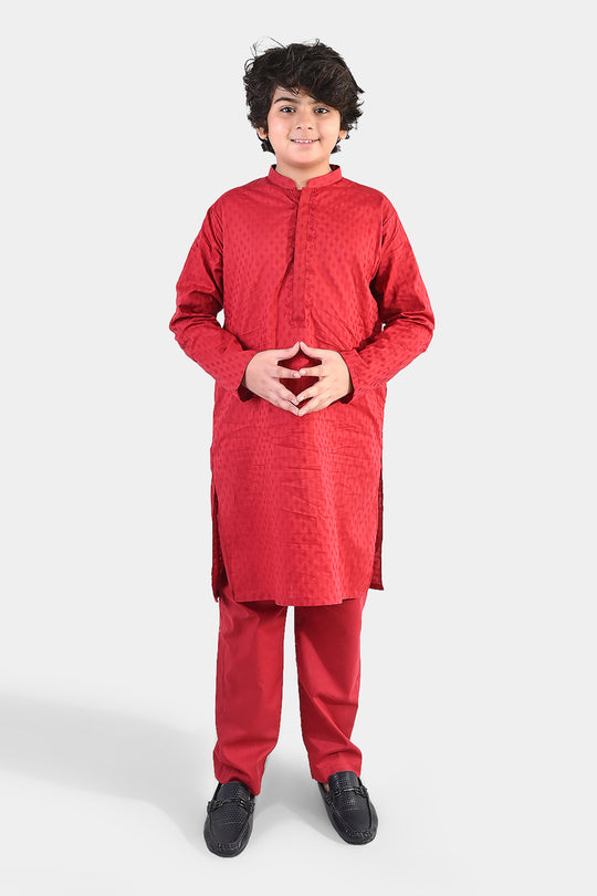 Boys Cotton Jacquard Kurta Pajama (Chin Boti) - Red