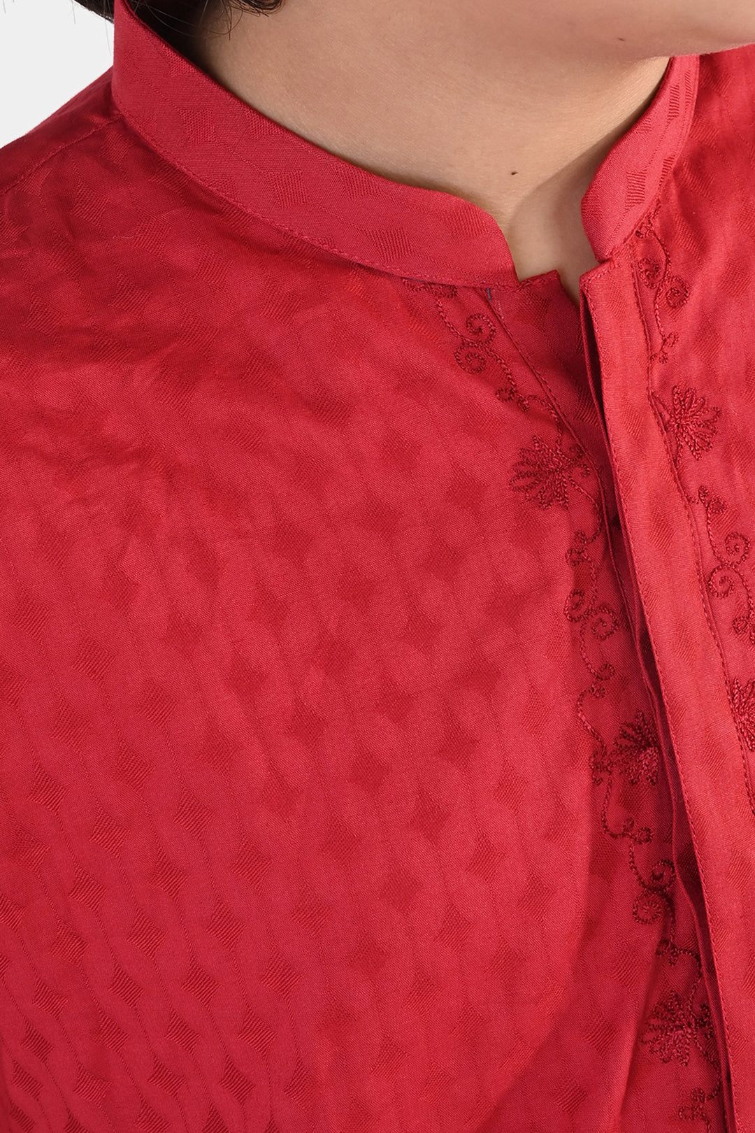 Boys Cotton Jacquard Kurta Pajama (Chin Boti) - Red