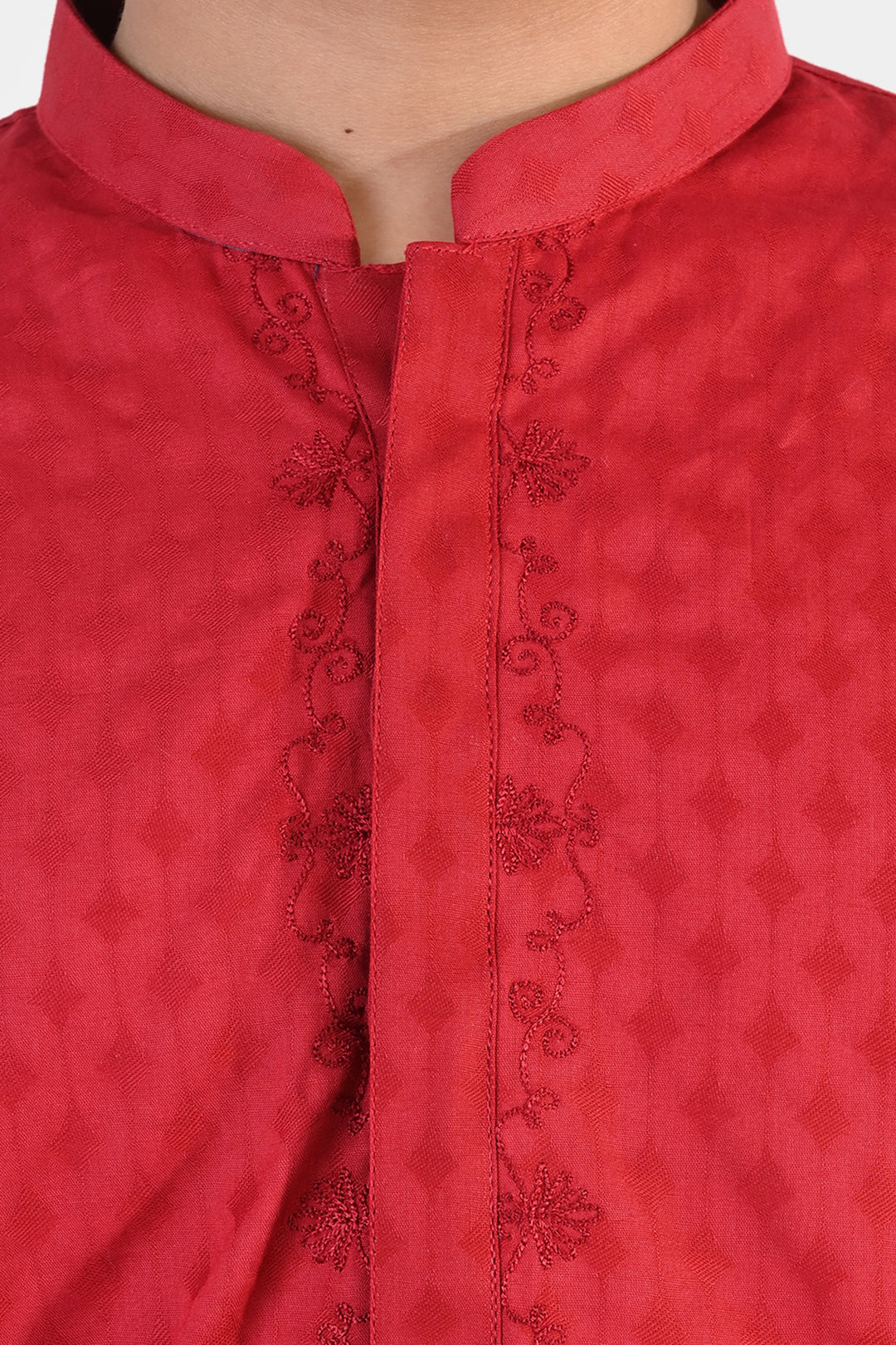 Boys Cotton Jacquard Kurta Pajama (Chin Boti) - Red