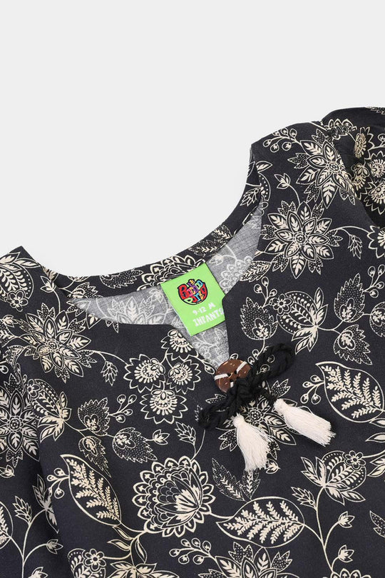 Infant Girls Cotton Slub Printed 2Pcs Monochrome-BLACK
