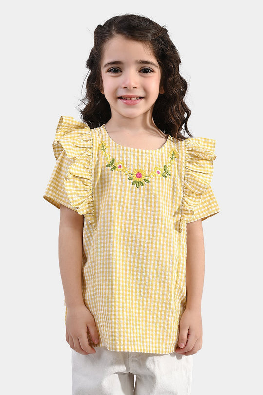 Girls Poly Cotton Emb Top Checks-YELLOW