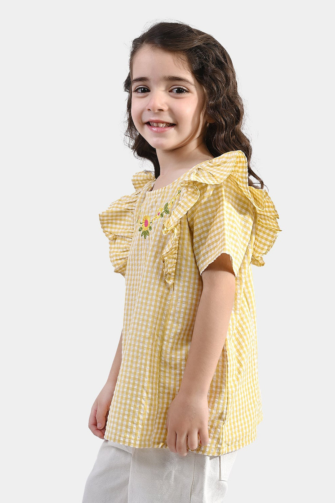 Girls Poly Cotton Emb Top Checks-YELLOW
