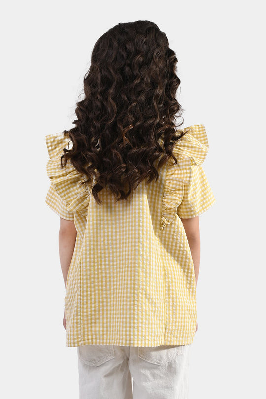 Girls Poly Cotton Emb Top Checks-YELLOW