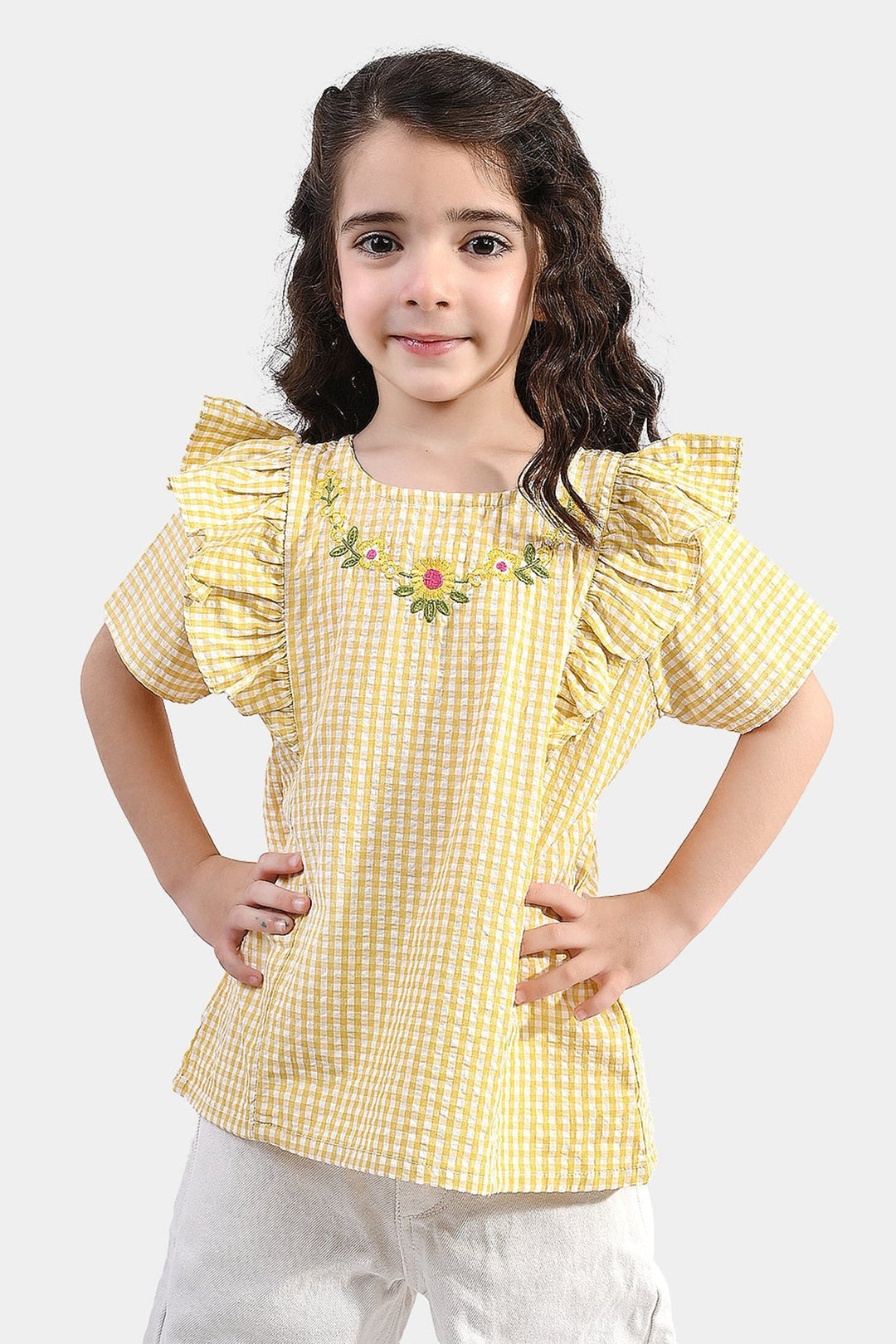 Girls Poly Cotton Emb Top Checks-YELLOW