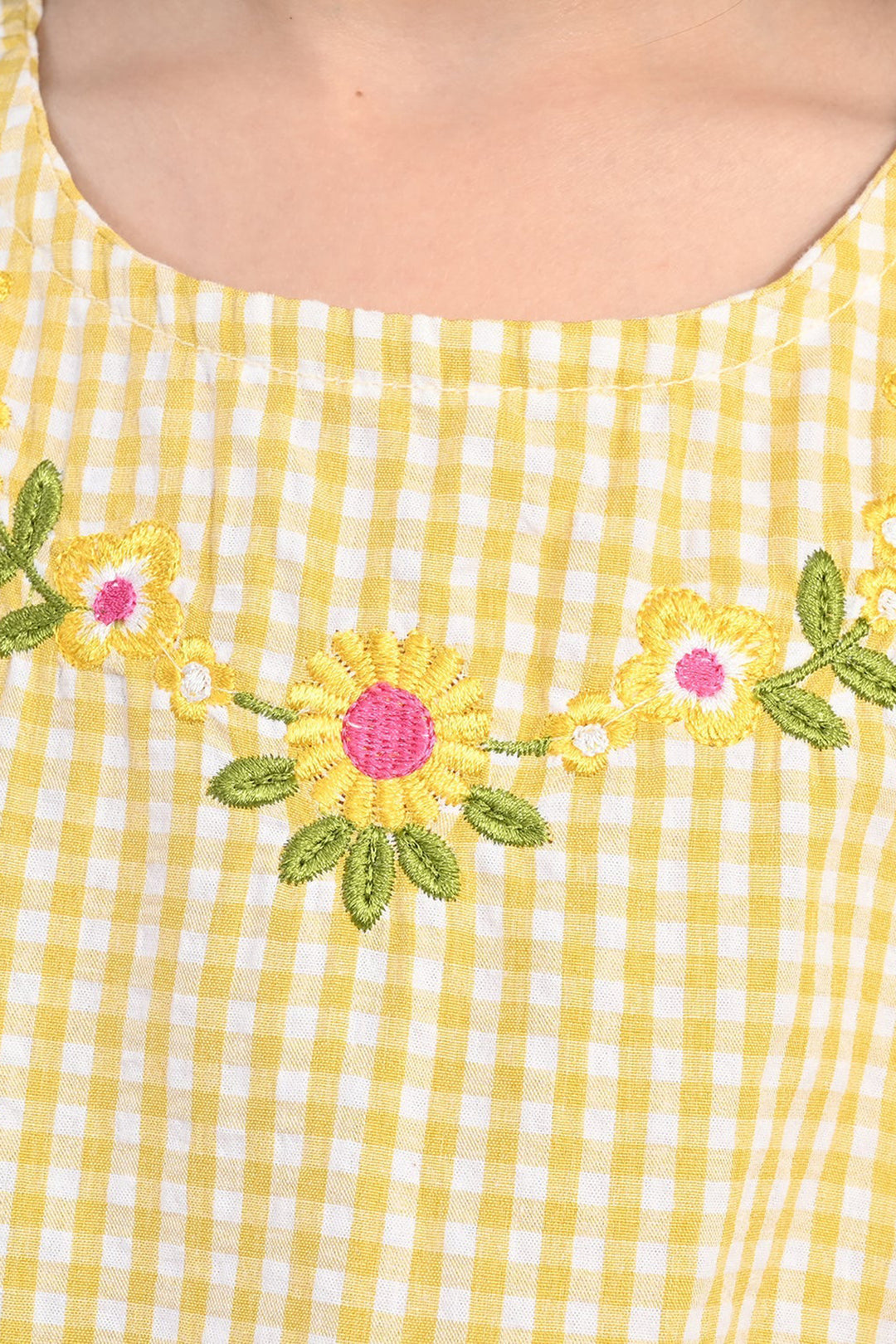 Girls Poly Cotton Emb Top Checks-YELLOW