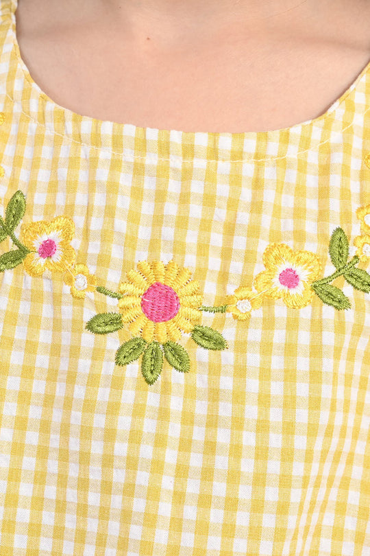 Girls Poly Cotton Emb Top Checks-YELLOW