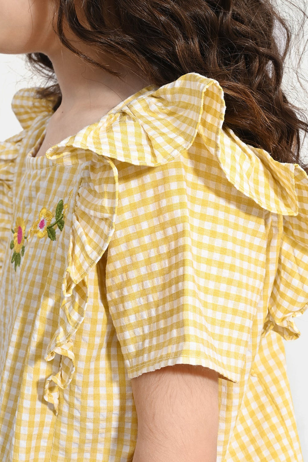 Girls Poly Cotton Emb Top Checks-YELLOW