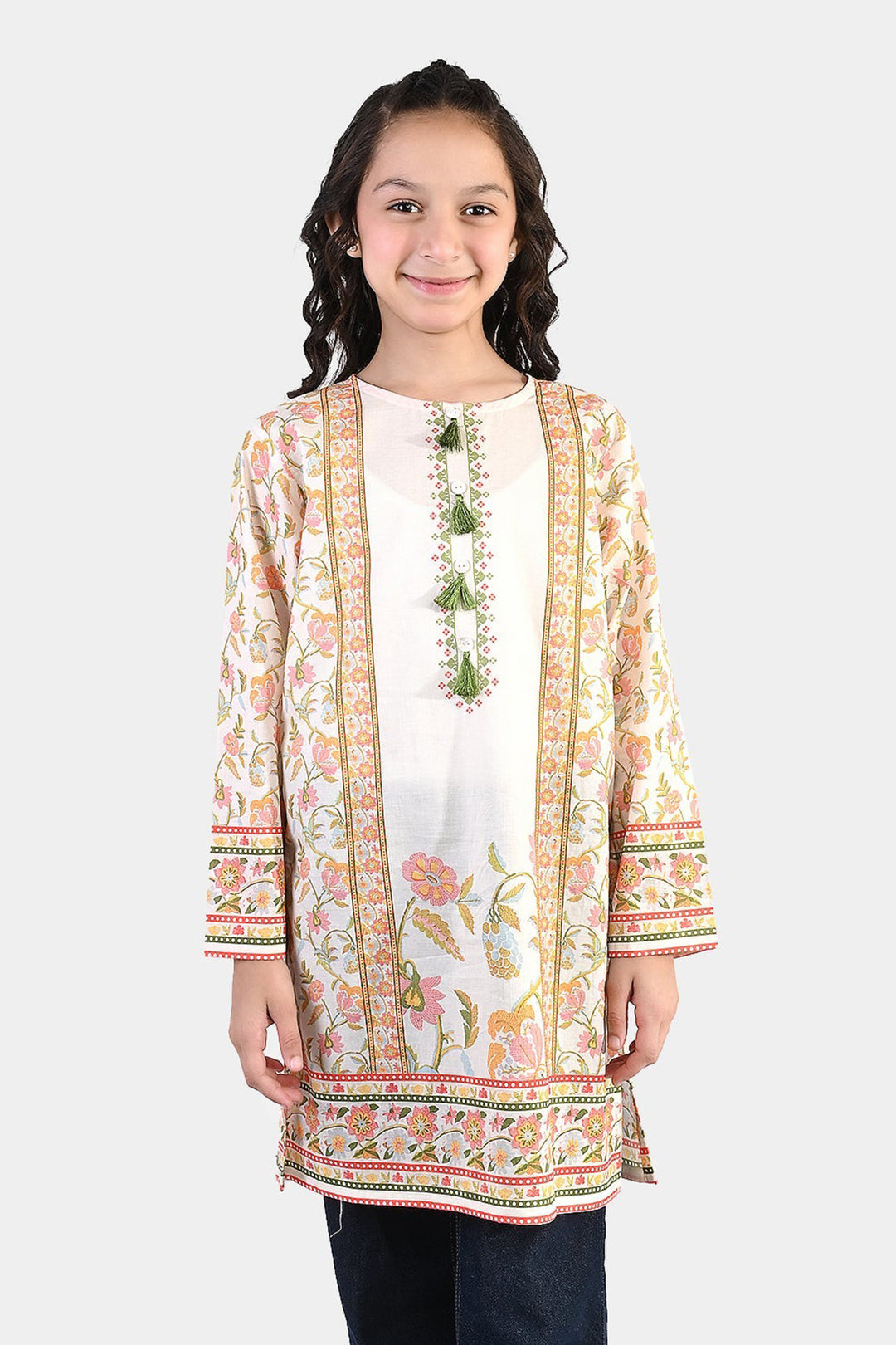 Girls Cotton Printed Kurti Orchid Floral Tassel Detail – Cream
