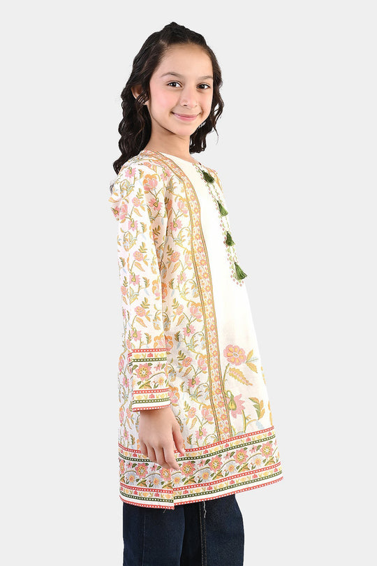 Girls Cotton Printed Kurti Orchid Floral Tassel Detail – Cream