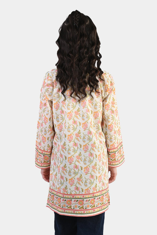 Girls Cotton Printed Kurti Orchid Floral Tassel Detail – Cream