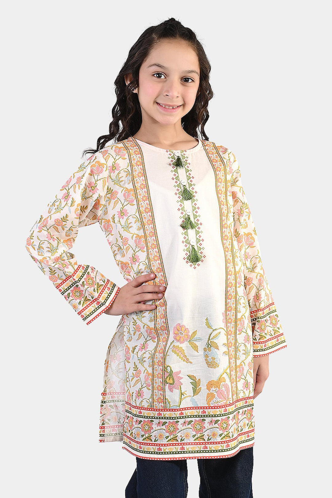 Girls Cotton Printed Kurti Orchid Floral Tassel Detail – Cream