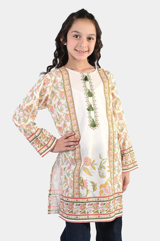 Girls Cotton Printed Kurti Orchid Floral Tassel Detail – Cream
