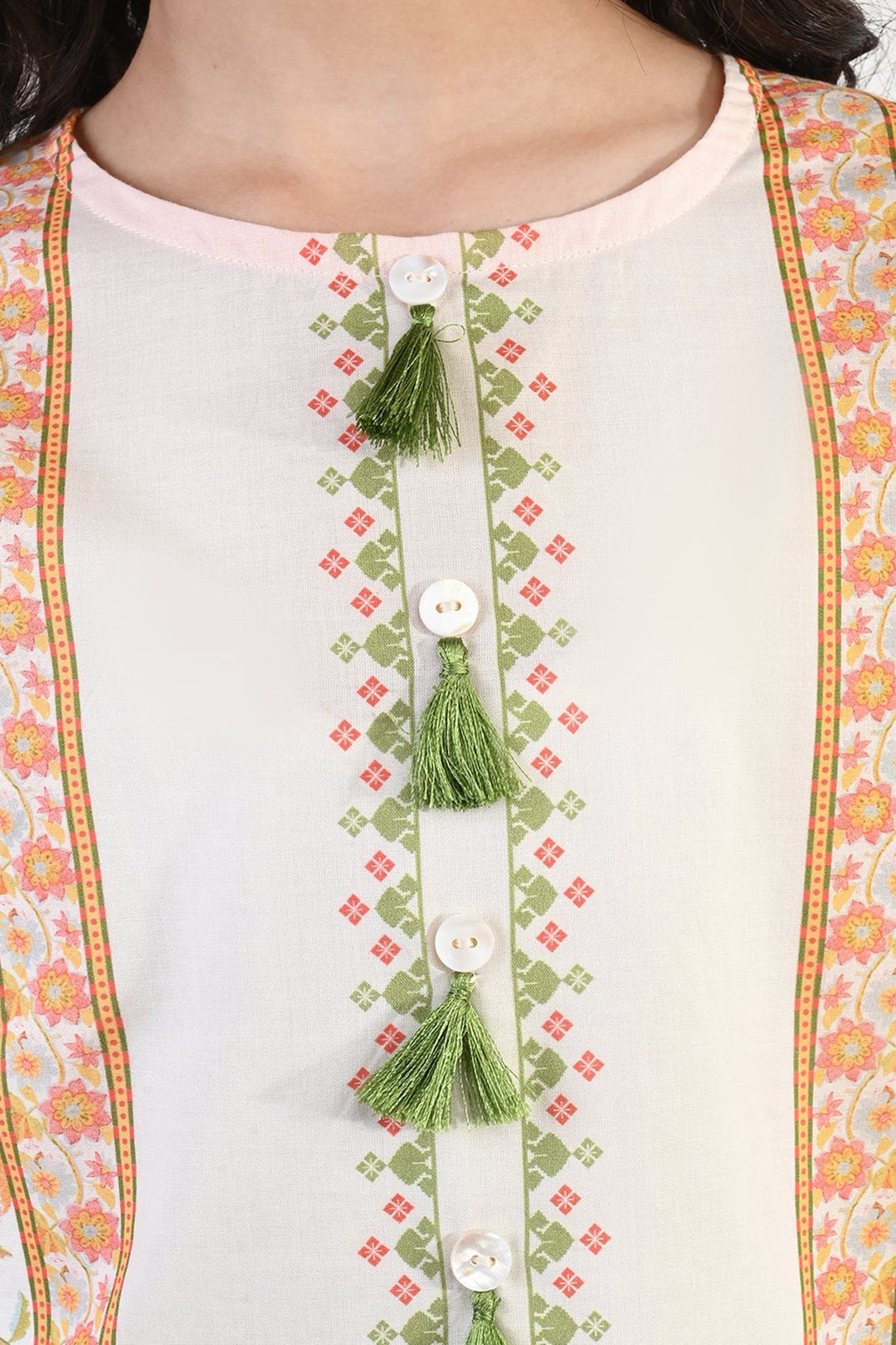 Girls Cotton Printed Kurti Orchid Floral Tassel Detail – Cream
