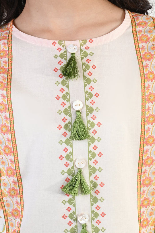 Girls Cotton Printed Kurti Orchid Floral Tassel Detail – Cream