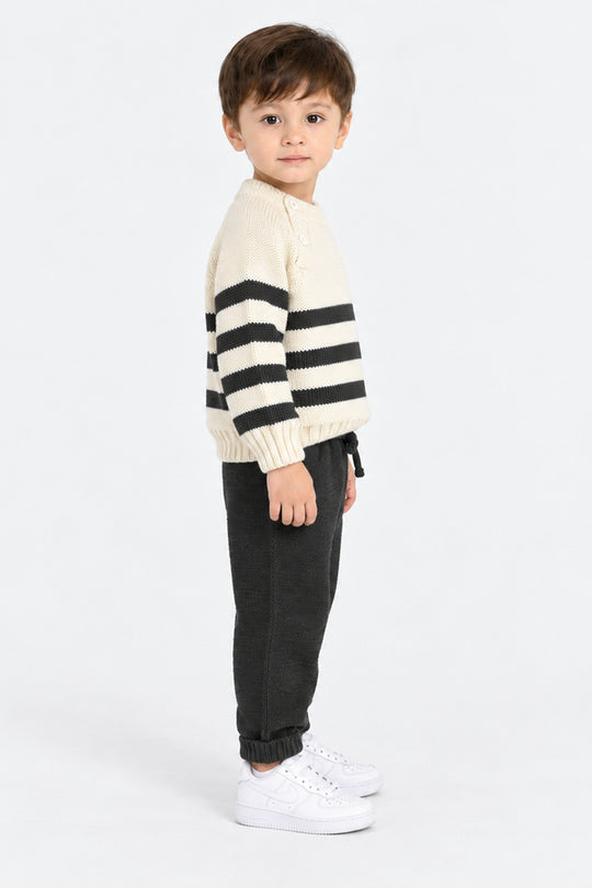 Infant Boys Acrylic Co Ord Set-Cross Stripe- Grey/Off-White