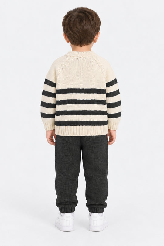 Infant Boys Acrylic Co Ord Set-Cross Stripe- Grey/Off-White