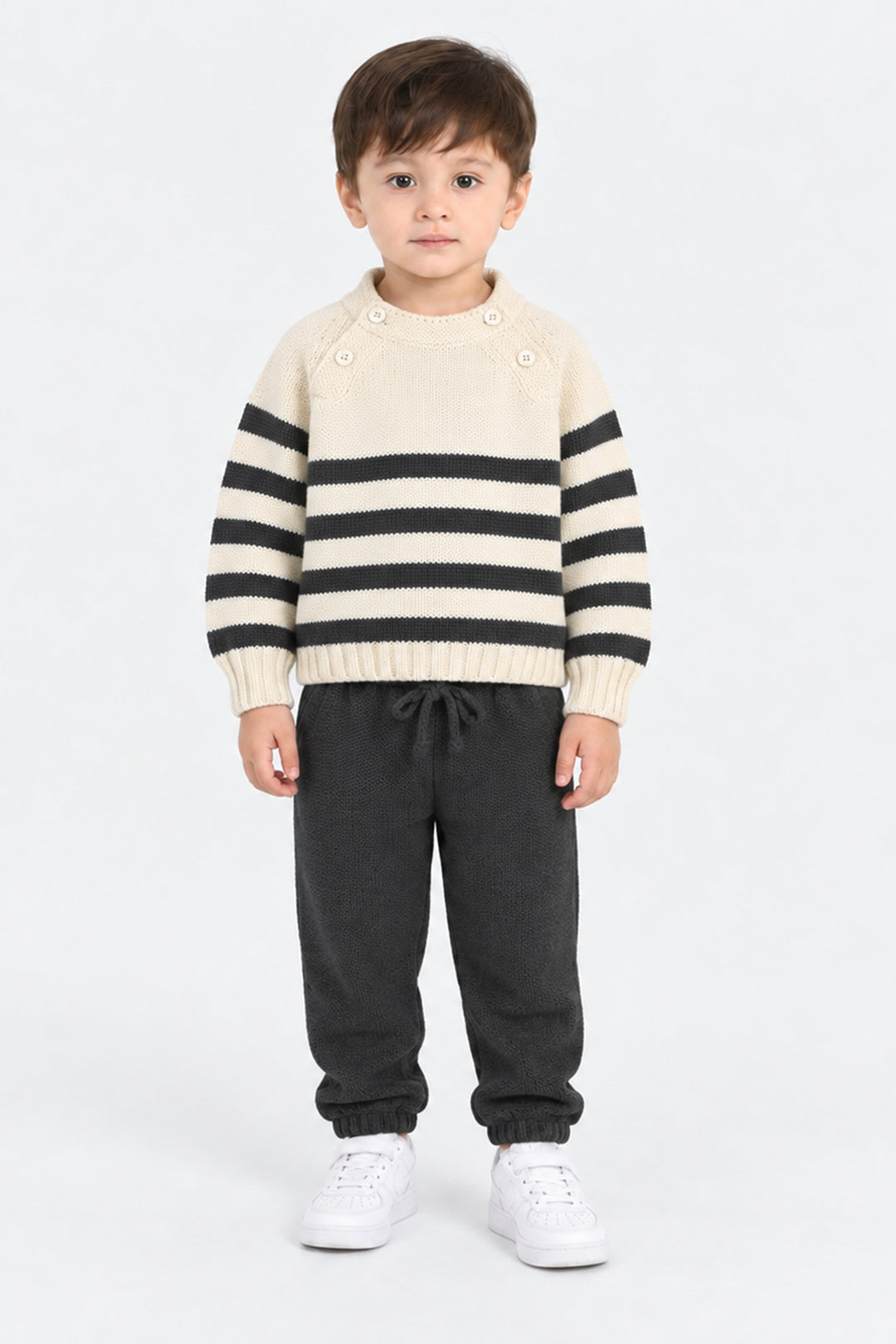 Infant Boys Acrylic Co Ord Set-Cross Stripe- Grey/Off-White