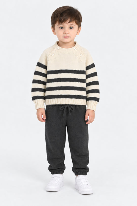 Infant Boys Acrylic Co Ord Set-Cross Stripe- Grey/Off-White