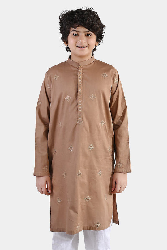 Boys Cotton Slub Kurta – Brown with Embroidery and Mandarin Collar