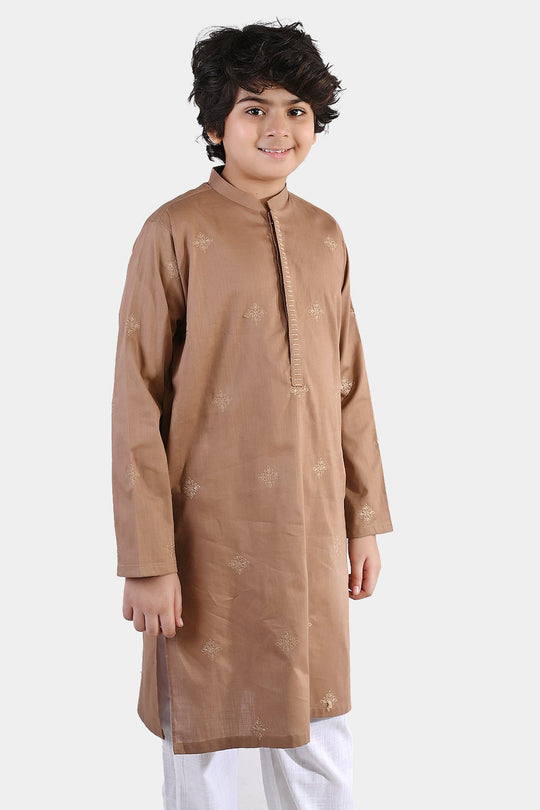 Boys Cotton Slub Kurta – Brown with Embroidery and Mandarin Collar