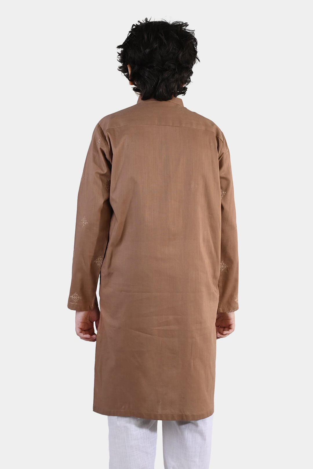 Boys Cotton Slub Kurta – Brown with Embroidery and Mandarin Collar
