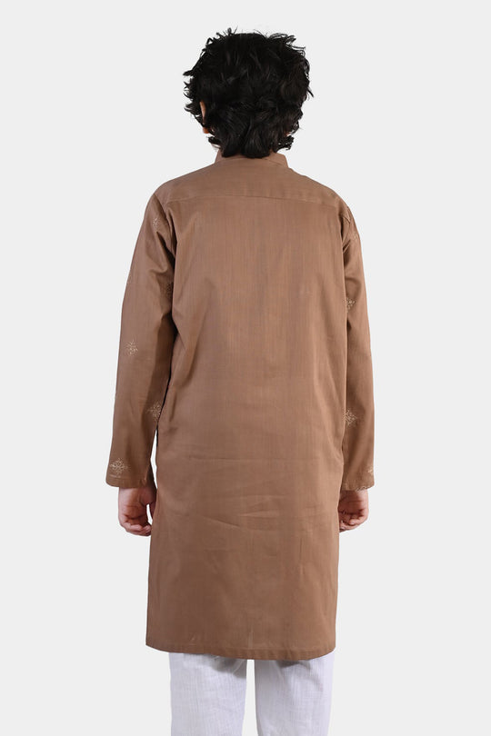 Boys Cotton Slub Kurta – Brown with Embroidery and Mandarin Collar