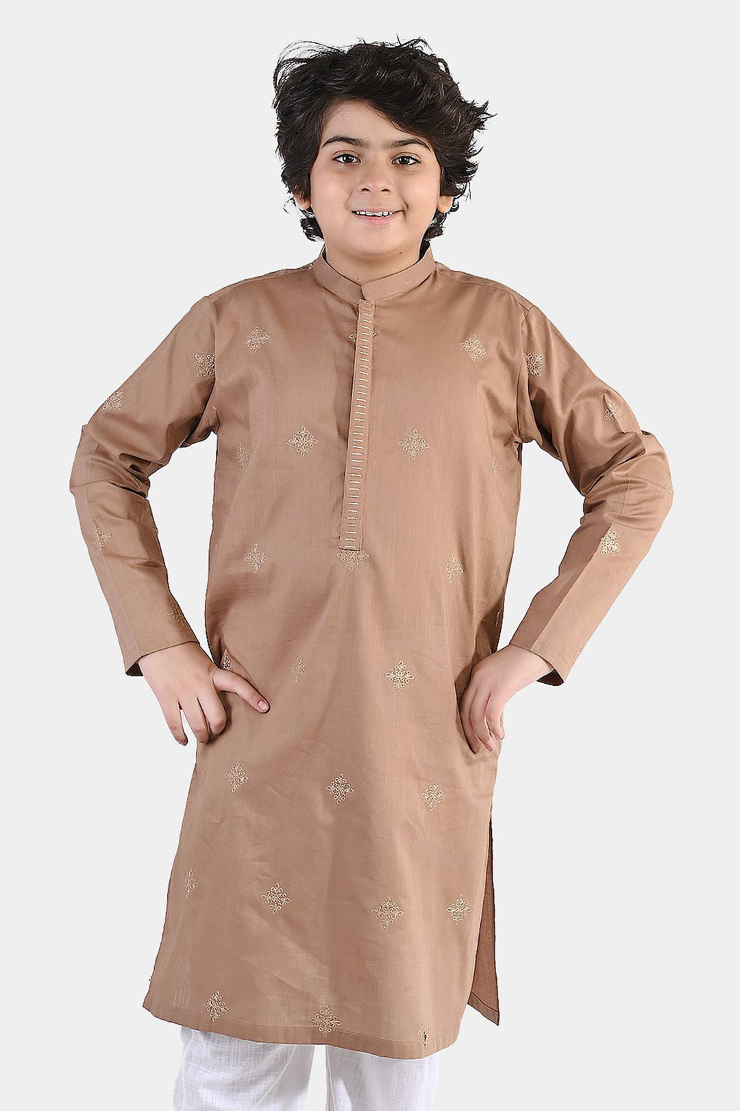 Boys Cotton Slub Kurta – Brown with Embroidery and Mandarin Collar