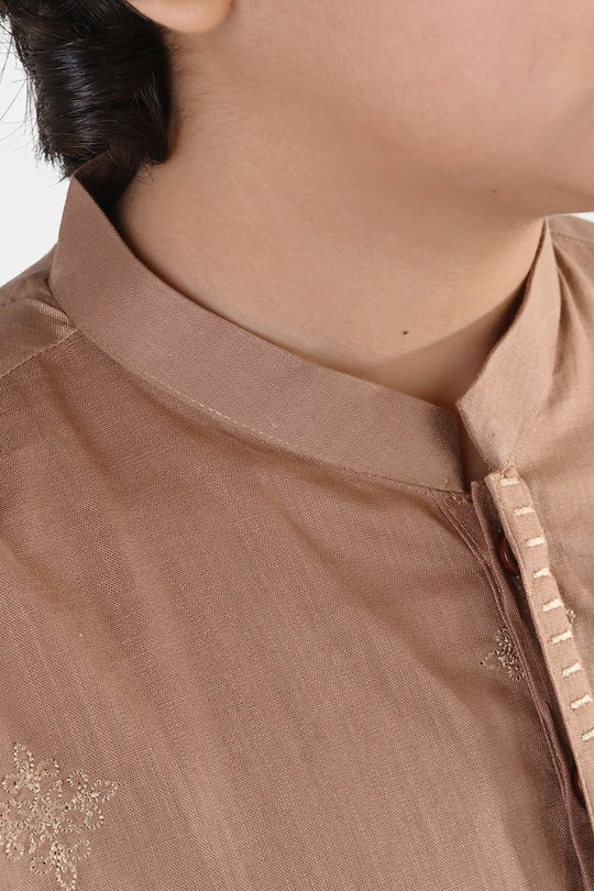 Boys Cotton Slub Kurta – Brown with Embroidery and Mandarin Collar