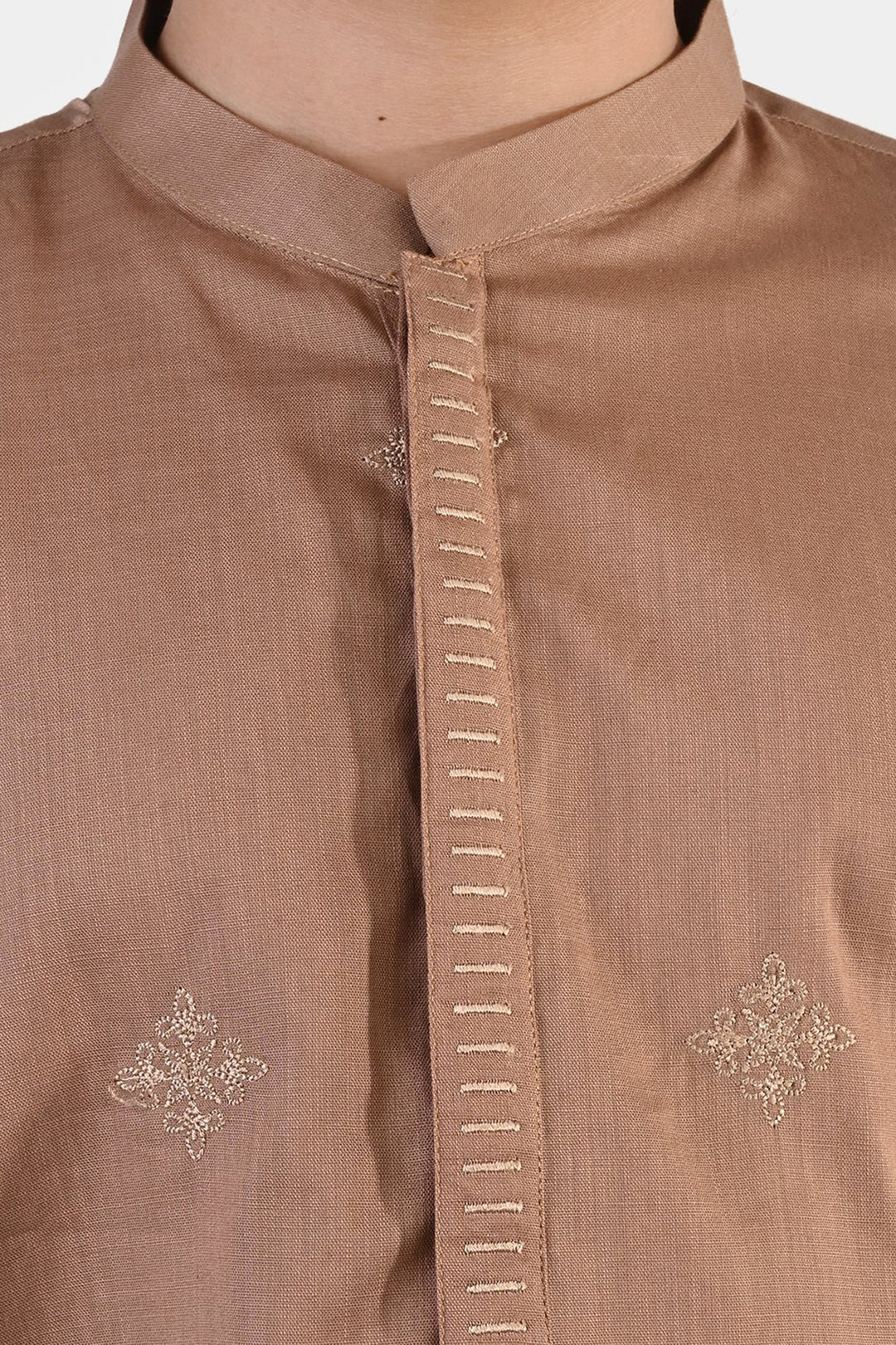 Boys Cotton Slub Kurta – Brown with Embroidery and Mandarin Collar