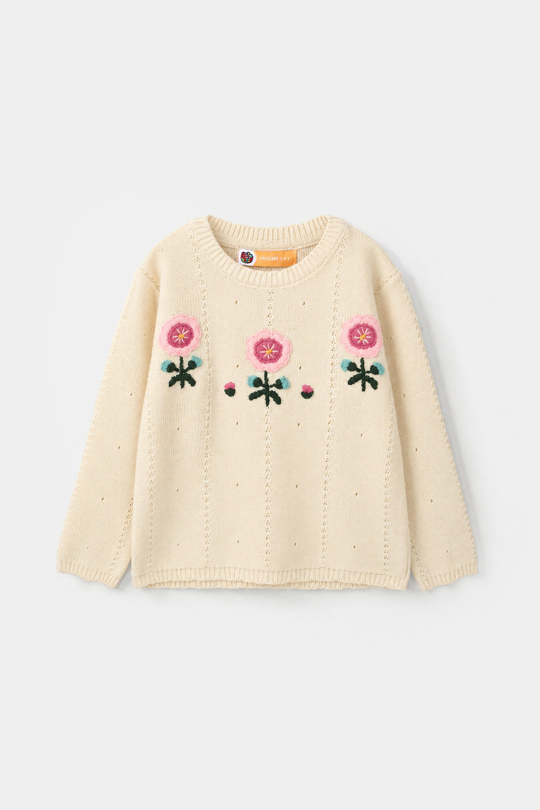 Girls Acrylic Sweater Pink Flora - Off White