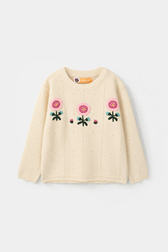 Girls Acrylic Sweater Pink Flora - Off White