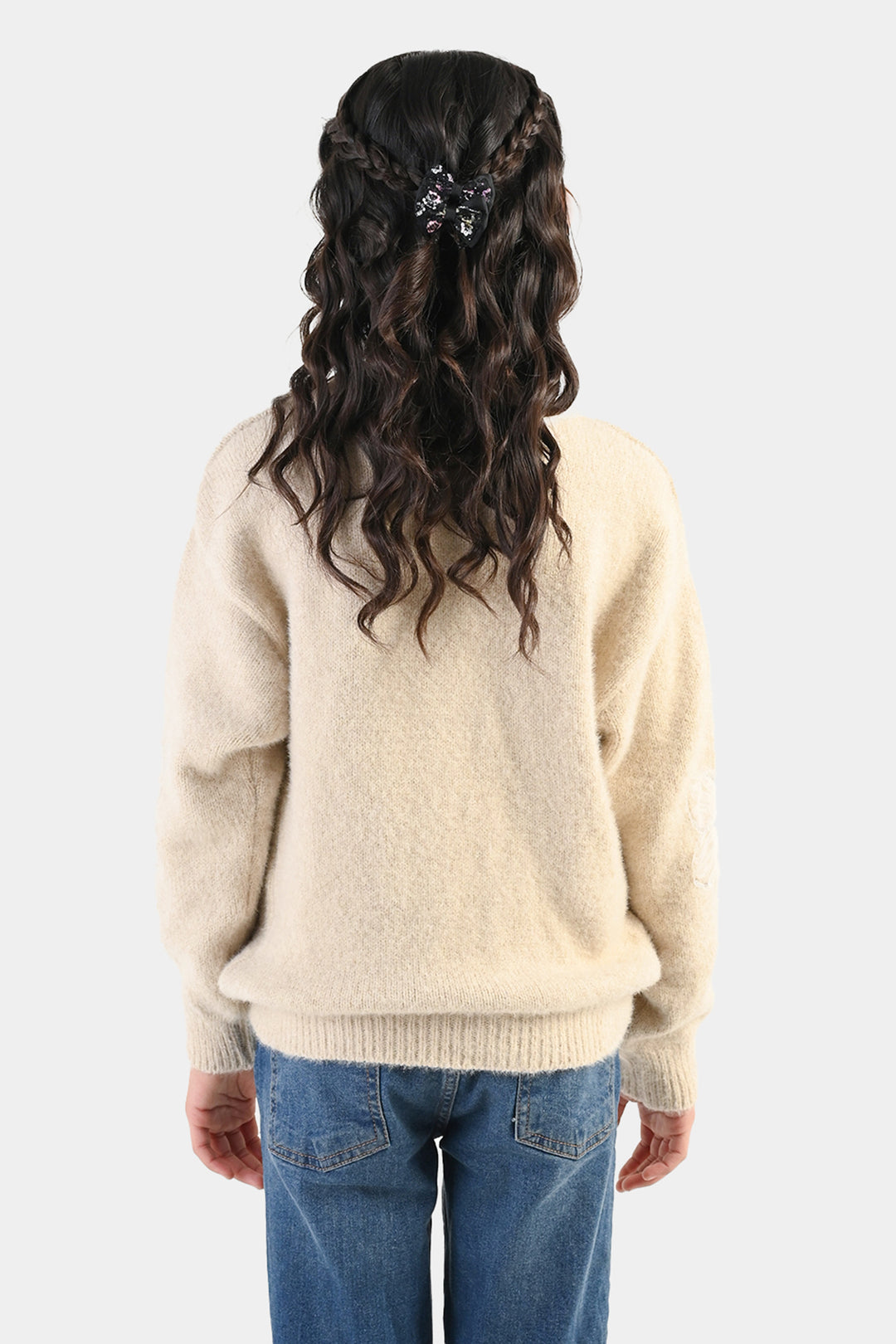 Girls Feather-Acrylic Sweater-Net Floral-OFF-White