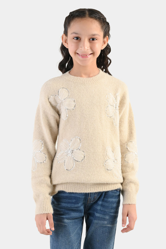 Girls Feather-Acrylic Sweater-Net Floral-OFF-White