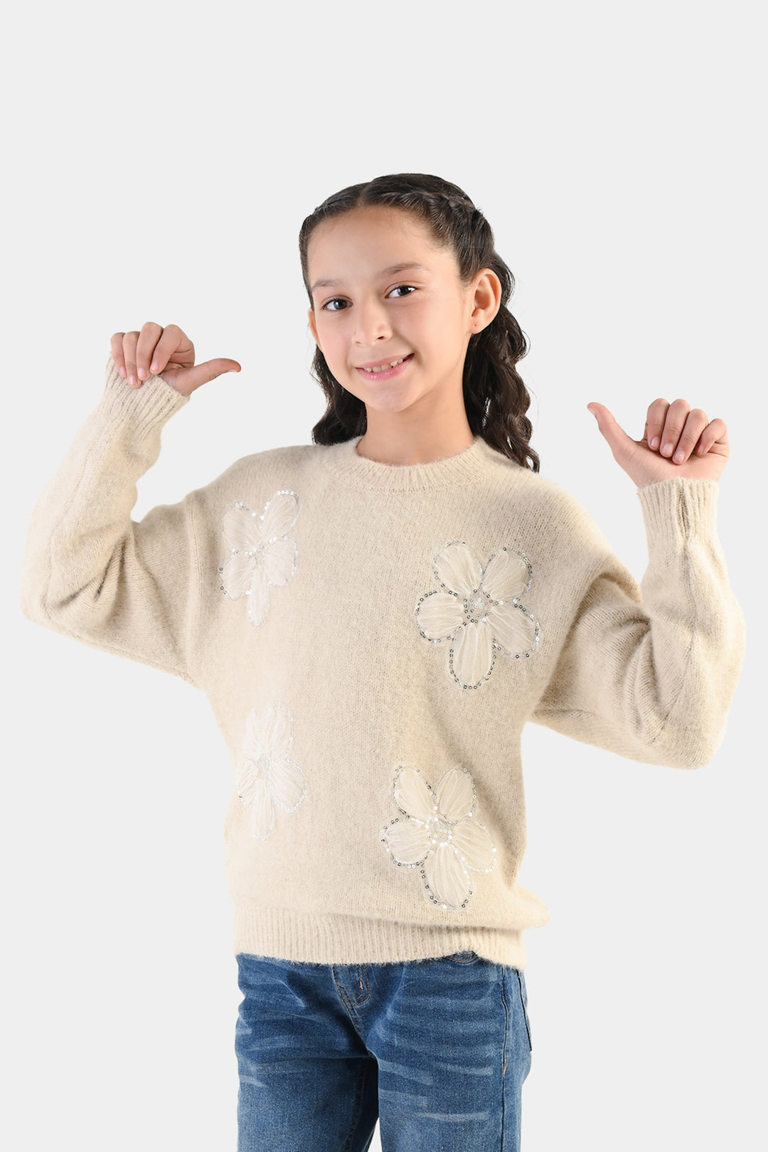 Girls Feather-Acrylic Sweater-Net Floral-OFF-White
