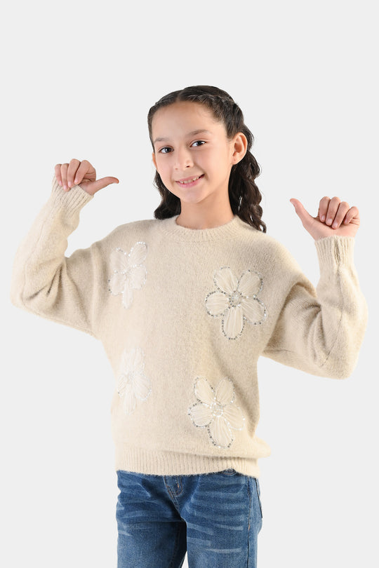Girls Feather-Acrylic Sweater-Net Floral-OFF-White