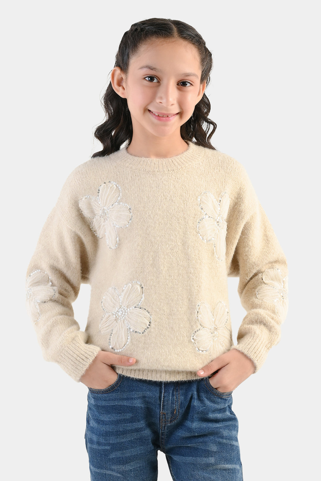 Girls Feather-Acrylic Sweater-Net Floral-OFF-White