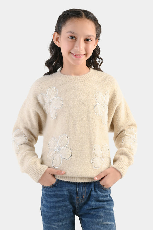 Girls Feather-Acrylic Sweater-Net Floral-OFF-White