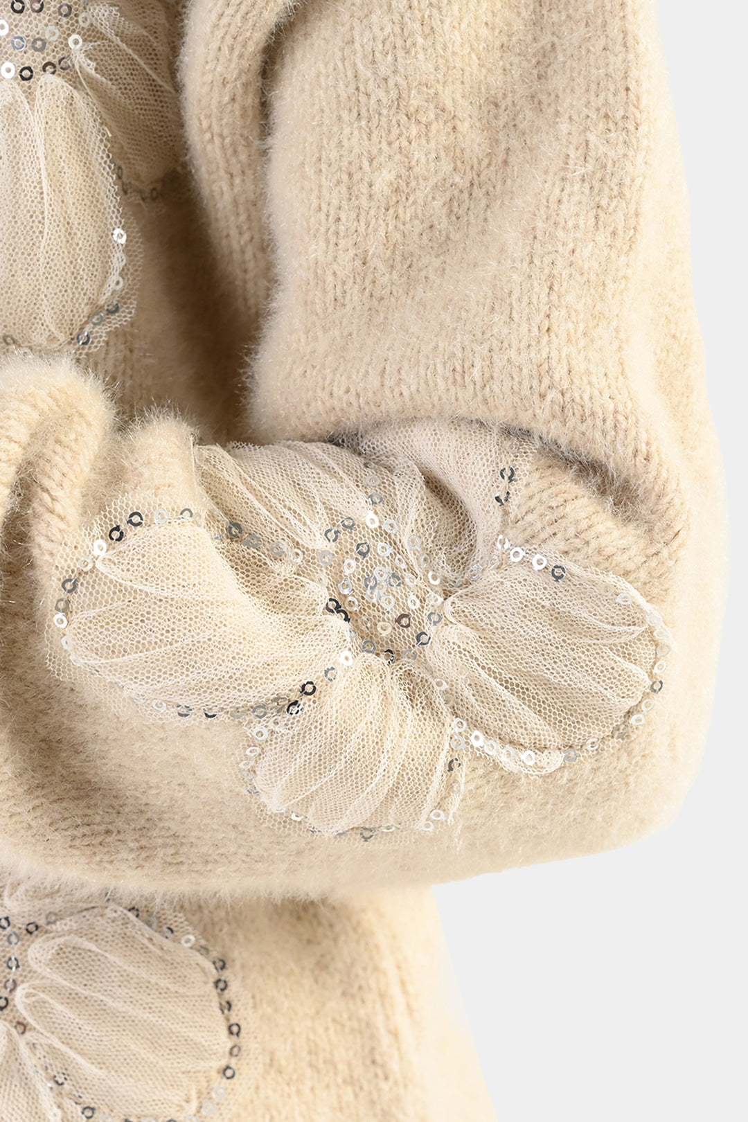 Girls Feather-Acrylic Sweater-Net Floral-OFF-White