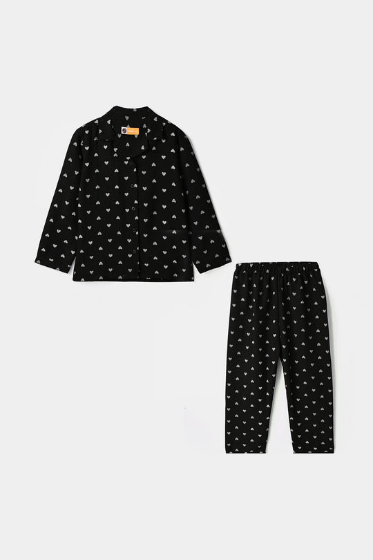 Girls Linen Viscose Nightwear-AOP Heart-BLACK